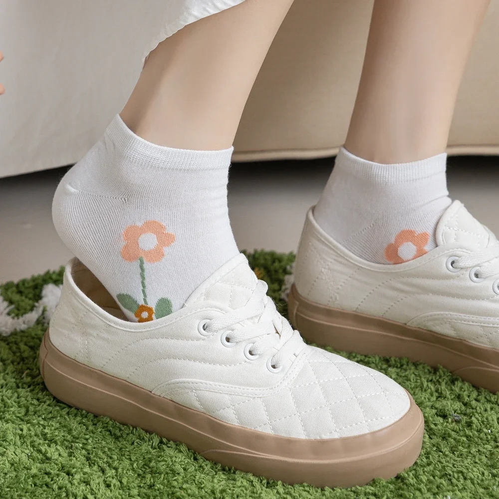 5 Pairs Kawaii Cute Five Finger Socks Women Summer Thin Ankle Socks with Separate Fingers Cotton Toe Socks Floral Green