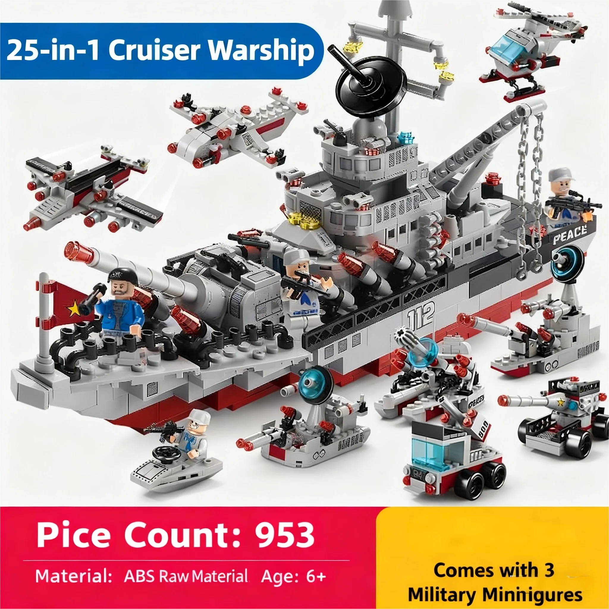 مكعبات بناء سفينة حربية بحرية 6 في 1، مجموعة نماذج سفينة الجيش العسكرية مكونة من 1560 قطعة، لعبة بناء تعليمية هدية للأولاد والأطفال