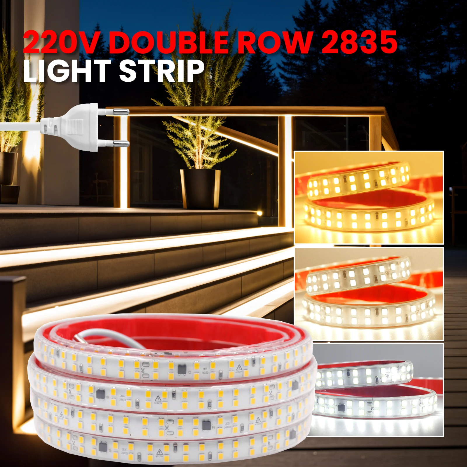 Tira de luces LED AC220V 230V 2835 120LEDs 240LEDs/m tira de luces para el hogar cinta impermeable Flexible y cortable blanca cálida/natural/fría