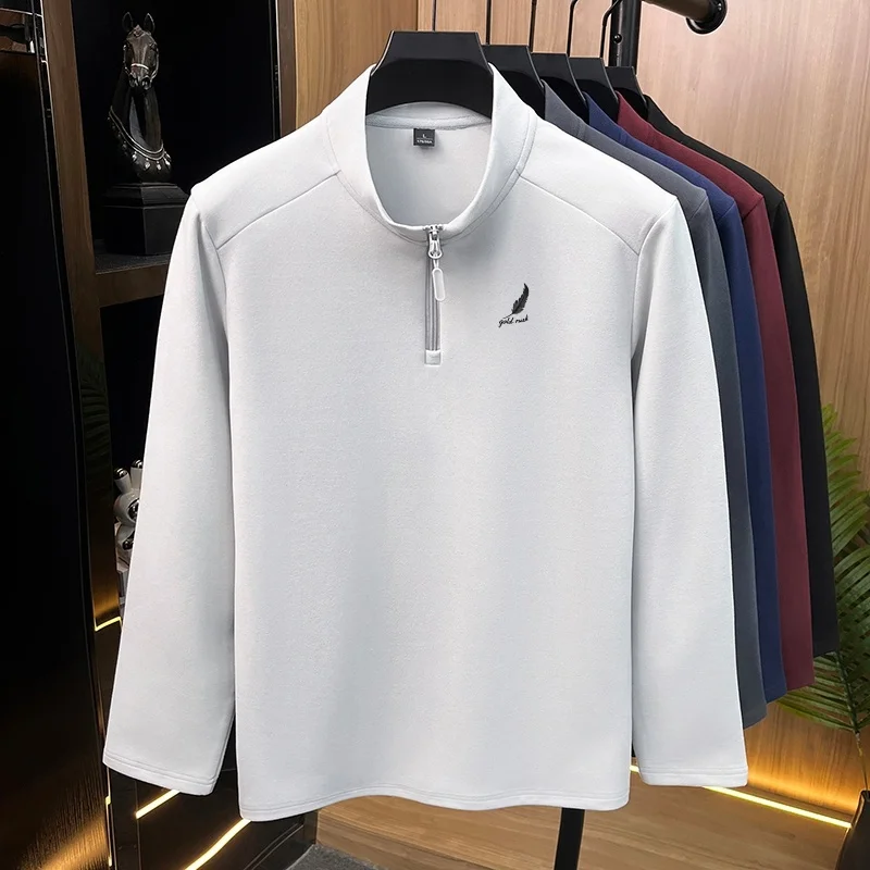 Men autumn winter half zipper stand up collar sweatshirt solid color busine casual long sleeve top versatile commut base shirt