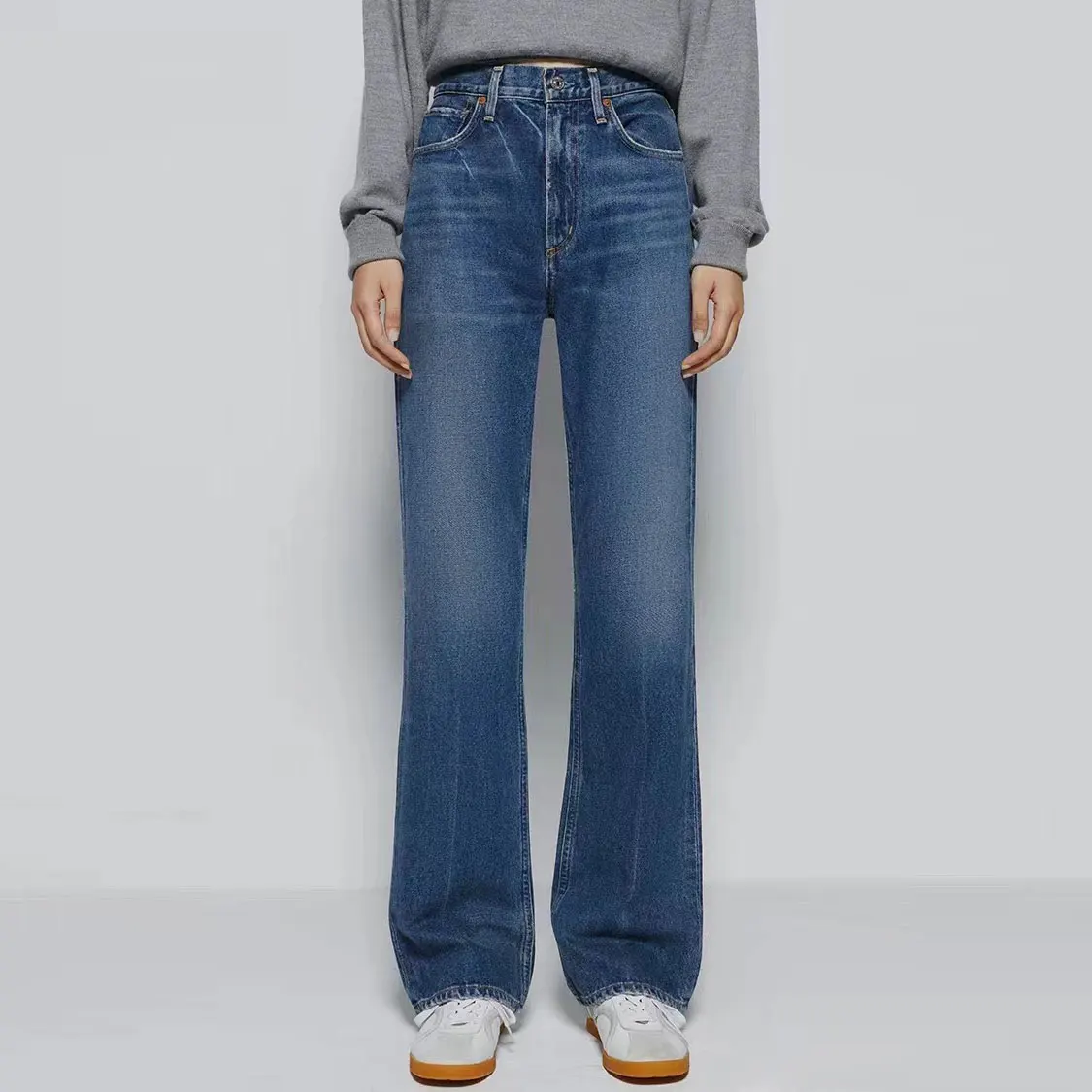 

Women fashion High-waist jeans non-elastic wide leg flare denim trousers