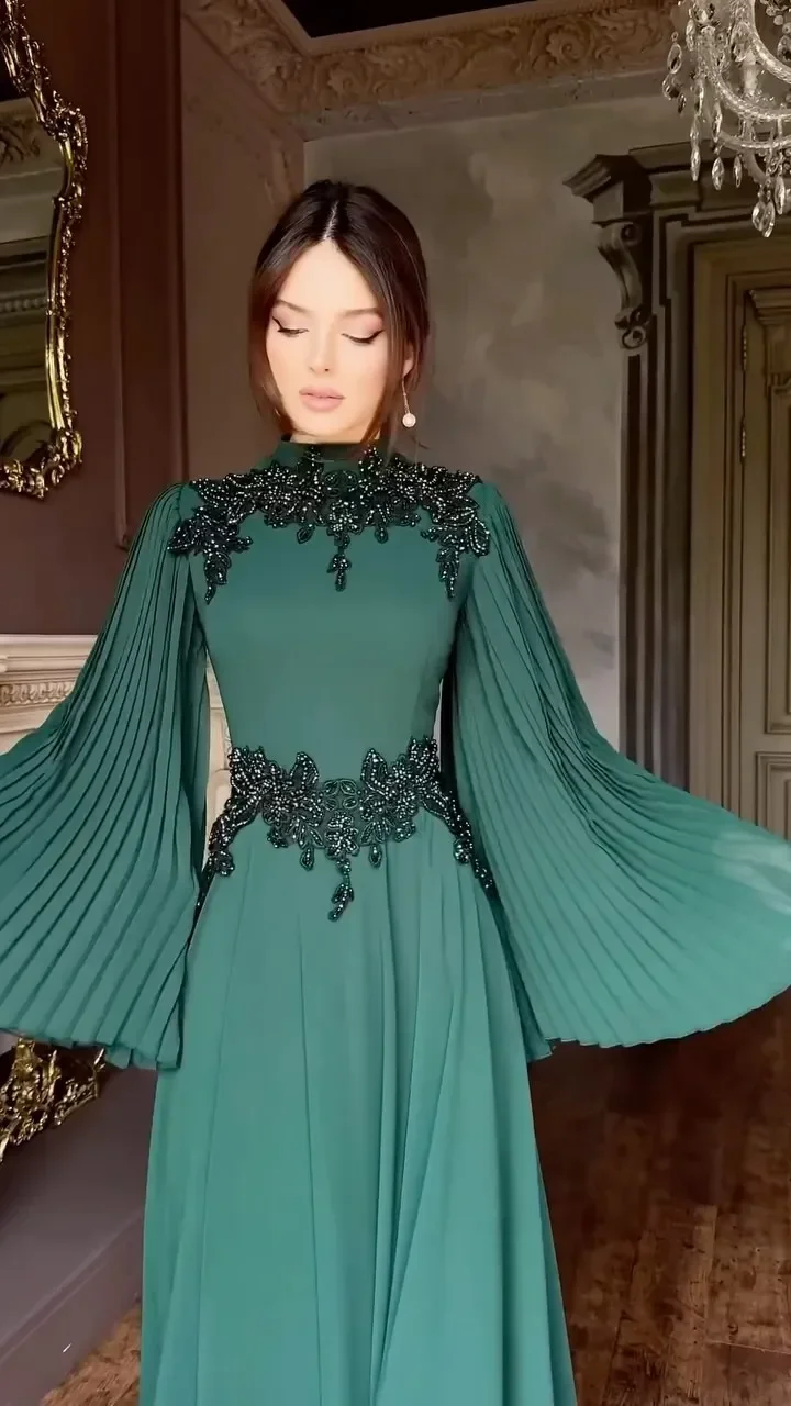 

Chiffon Appliques Muslim Evening Dresses Long Sleeve Hijab Islamic Formal Party Gown Arabic Dubai Women Moroccan Caftan