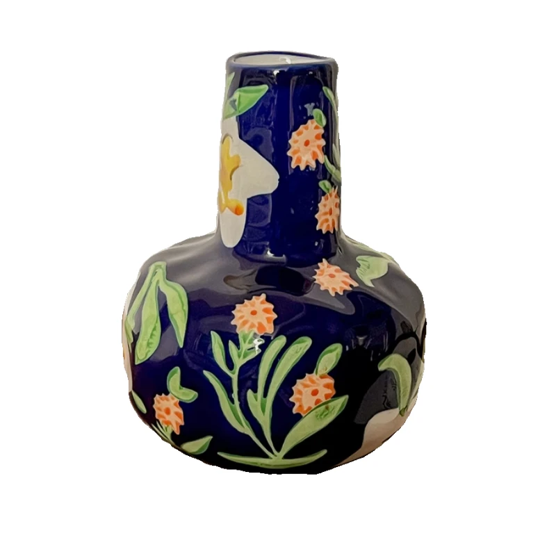 1Pc Sapphire Blue Retro Hand-Painted Ceramic Vase, Flower Pattern Decorative Vase, Home Living Room Desktop Ornament Crafts