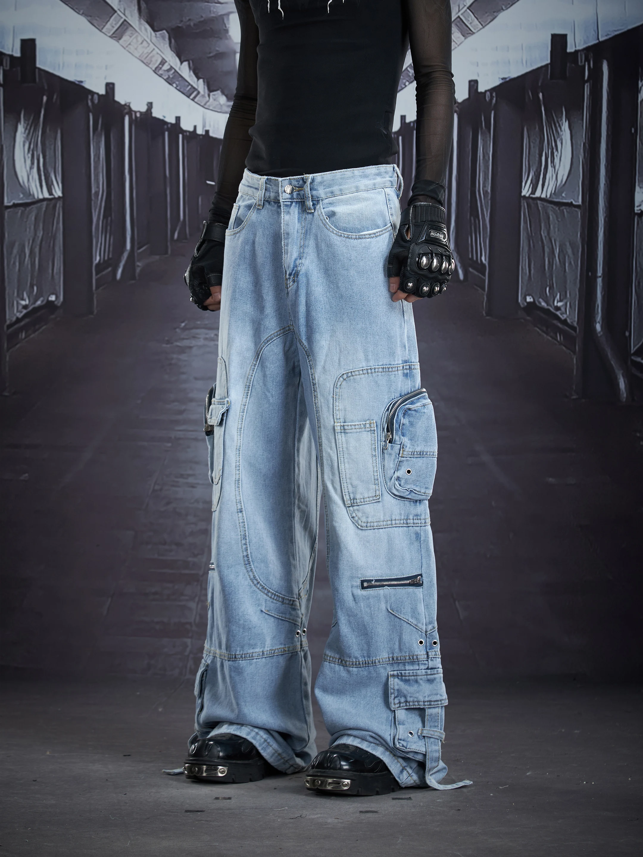 

Дизайн нового продукта, деконструктивная лента с несколькими карманами, функциональные джинсы-карго на молнии, прямые мужские и женские джинсы