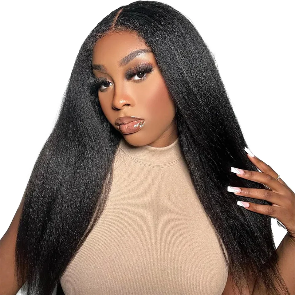 

30inch Kinky Straight Human Hair Wigs Preplucked Density200 Brazilian Glueless Yaki Straight Lace Frontal Wigs Natural Hairline