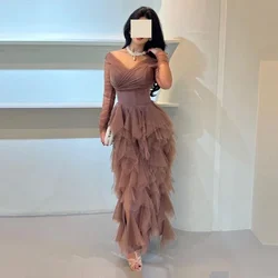 Customized  Evening Gown Prom Dress V-neck A-line Anke Length Skirts Draped Fold Tulle Bespoke Occasion Es Saudi Arabi