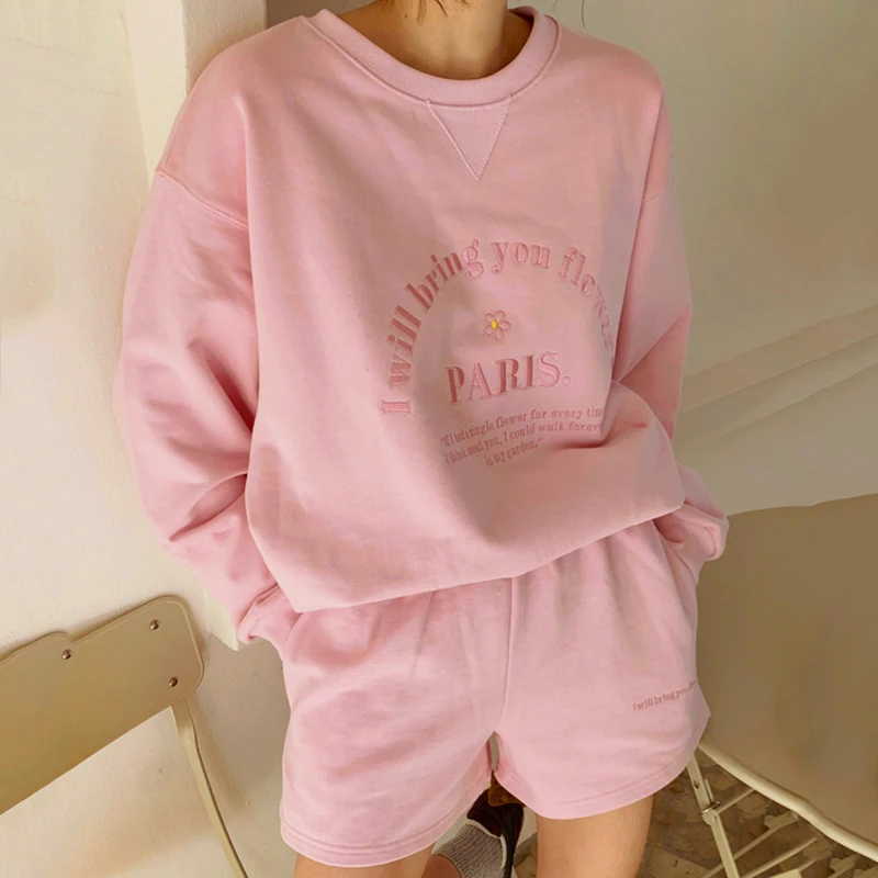 Korean Autumn Sweatshirt Suit All Match O-neck Letter Embroidered Pullover + High Waisted Loose Casual Shorts 2 Piece Sets Women