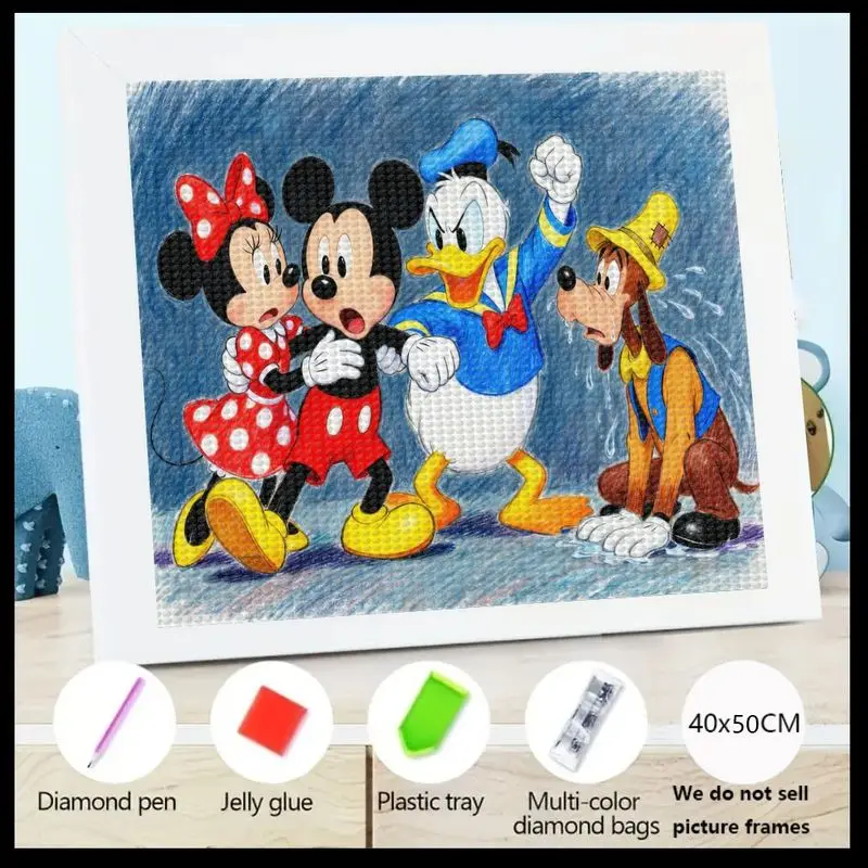 

5D DIY Full Drill Diamond Painting Kit featuring Mickey Mouse, Minnie Mouse, Donald Duck, and Goofy - Iconic Cartoon Friends Cry