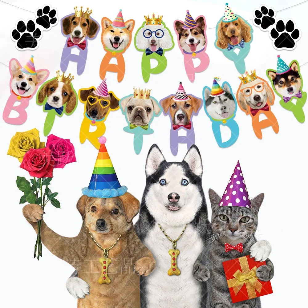 Pet Dog Theme Birthday Party Decoration Cartoon Pet Birthday Flag Cake Decoration Topper Ped Dog Birthday Party Supplies