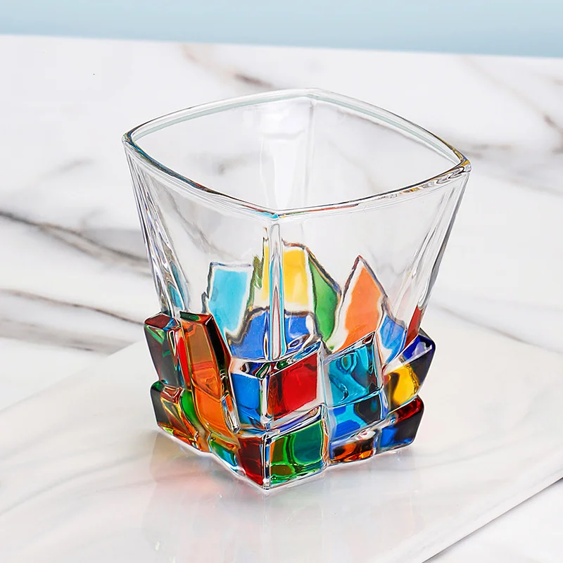 Internet Celebrity Light Luxury Painted Whiskey Glass Ins Good-looking Glass Wine Glass Thick Retro Multi-Color Blocks Wine Glas