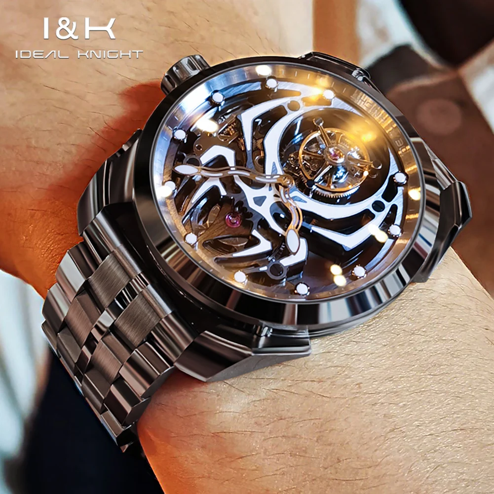 Ideal Knight 6802 Tourbillon Watch for Men Black Tungsten steel Deep Waterproof Luminous Spider Automatic Mechanical Men's Watch