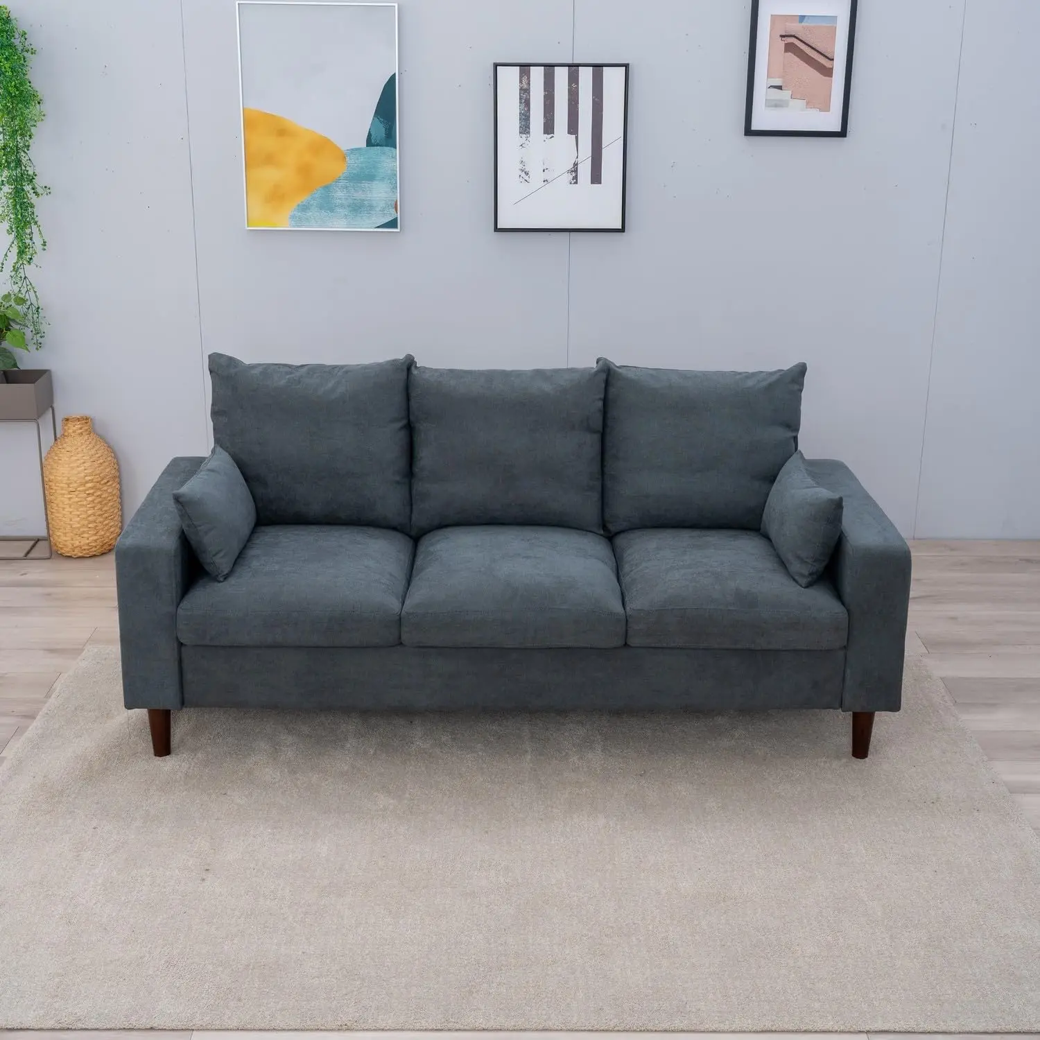 Panana gepolsterte moderne Sofa couch für Wohnzimmer, grauer Leinenstoff mit 2 kleinen Kissen und Holzbeinen, 3-Sitzer-Sofa