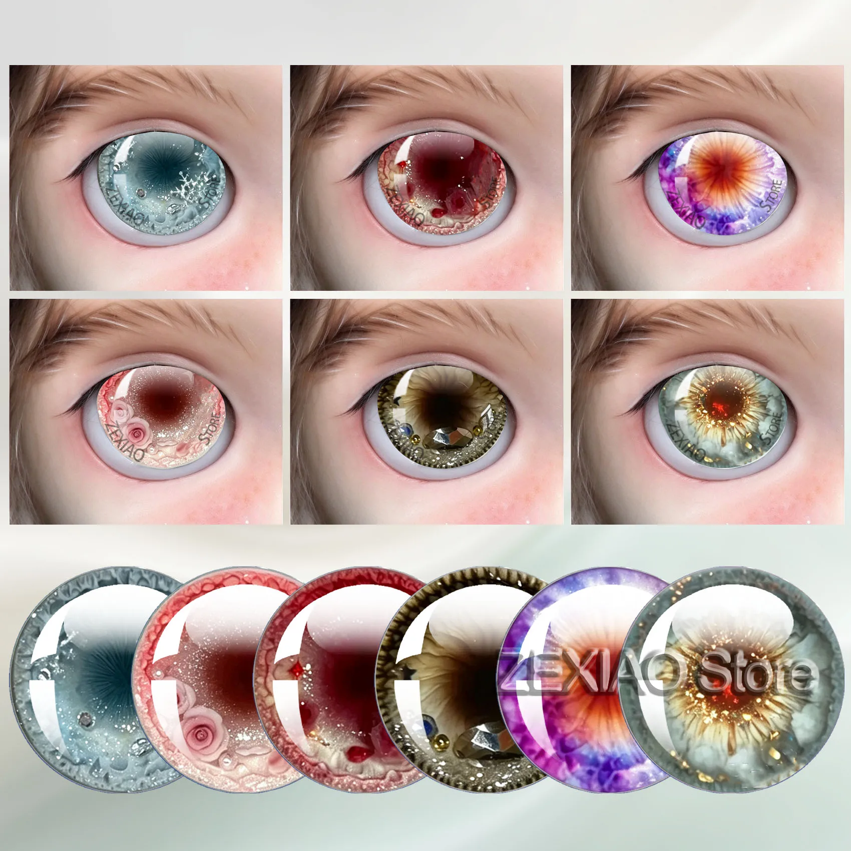 12Pcs Blythe Doll Eye Glass Chips Fantasy Shining Snowflake Floral Printed Glass Cabochon Eye Chips DIY Jewelry Supplies Wholesa