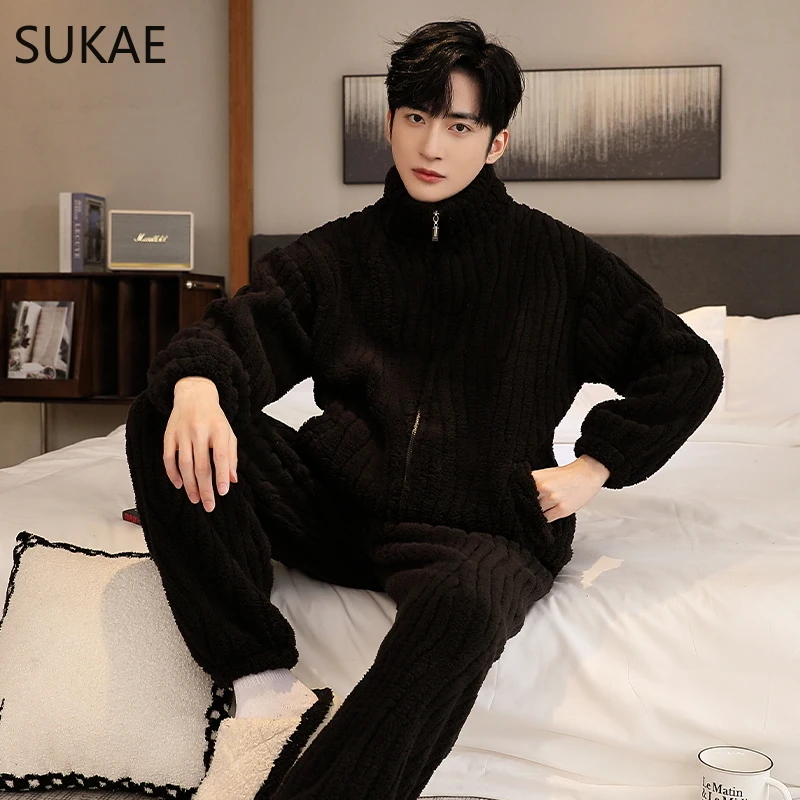 SUKAE L-5XL Chubby Thermal Zipper Pijamas Boy Leisure Man Sporty Sleepwear Big Size Men Pajamas Winter Thick Velvet Coral Pajama