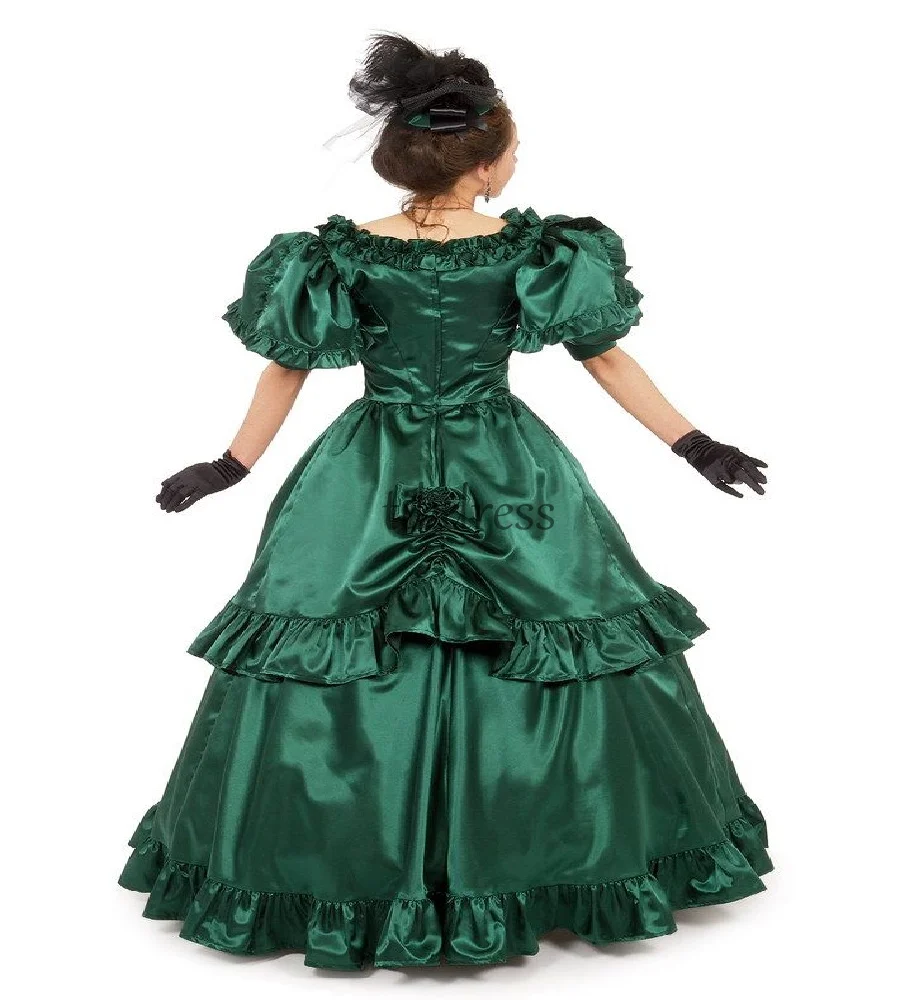 Abito da ballo duchessa verde periodo barocco Abito da sera floreale in raso con maniche a sbuffo estetico Abito da sera formale medievale anni '1860 personalizzato