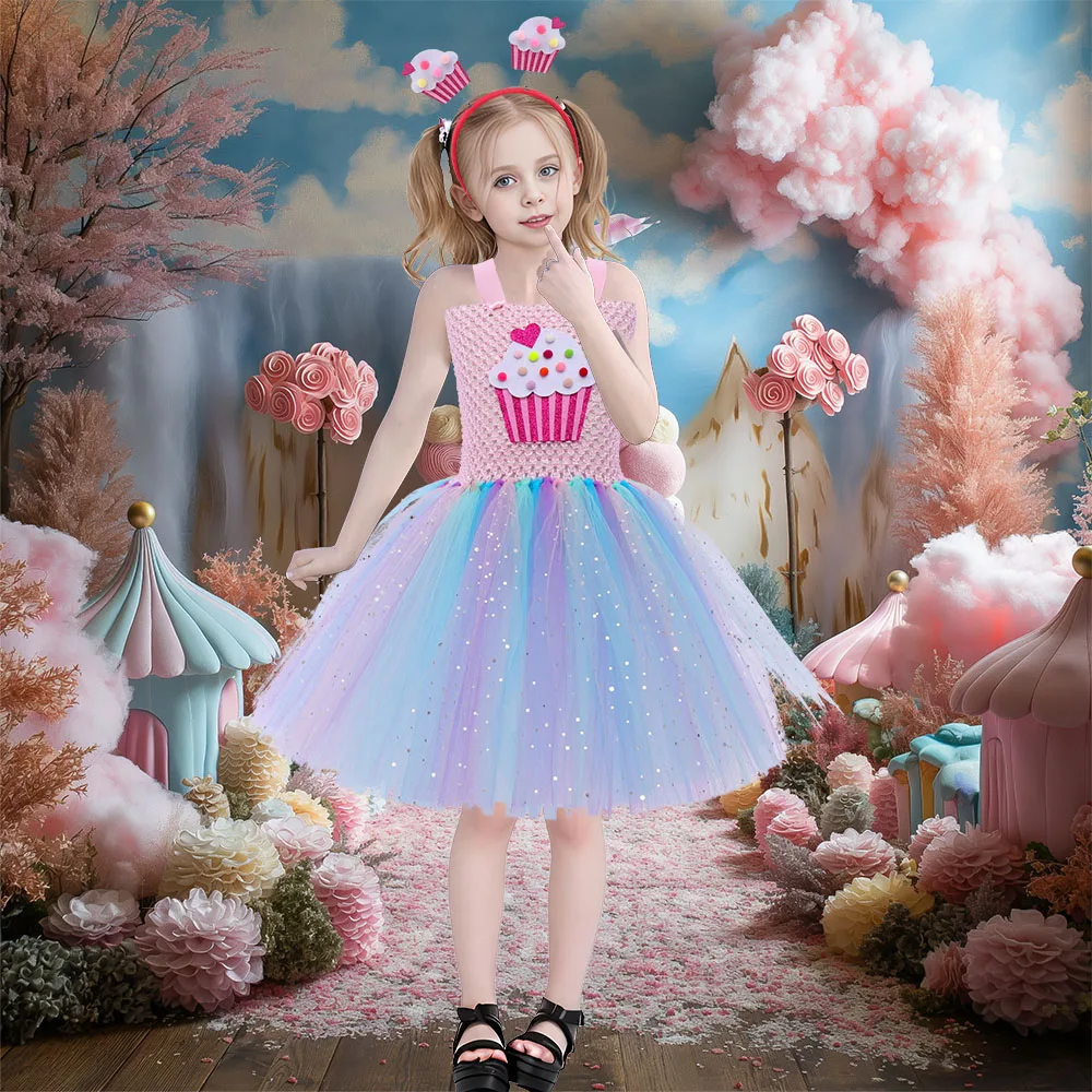 Pastel Rainbow Girls Cupcake Costume Sweet Candyland Girl Tutu Dress with Headband Baby Birthday Outfit Princess Ball Gown