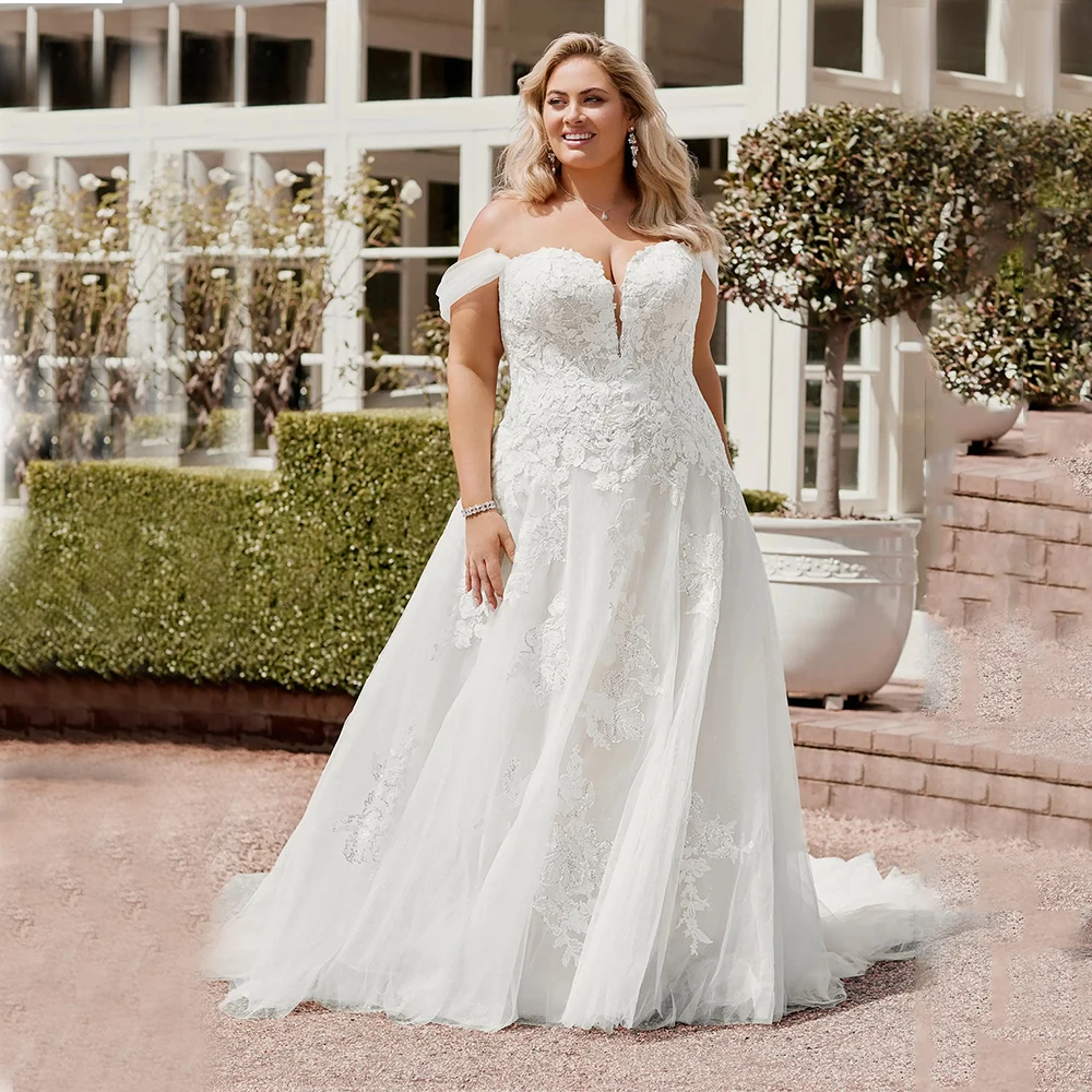 Vestido De Novia personalizado con hombros descubiertos, Vestidos De Novia con cordones, Apliques De encaje, corte en A, Vestidos De Novia Tallas Grandes Mujer