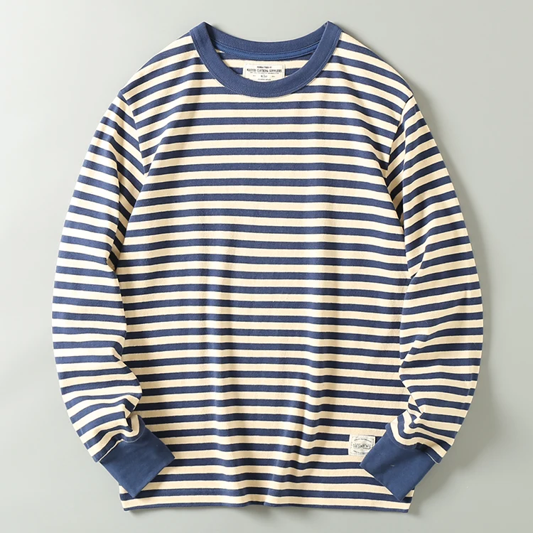 

Spring Autumn Heavyweight Pure Cotton Nautical Stripe Men's Long Sve T-irt Loose Base irt Top Trendy round Ne Youth
