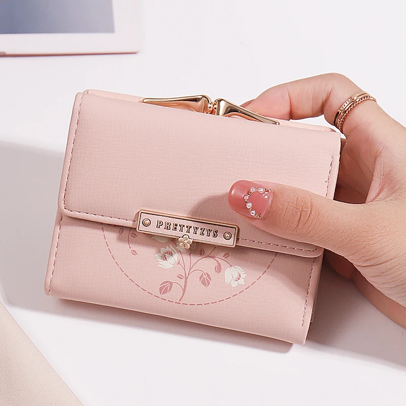 Purse women's summer new Korean PU printed buckle 3 fold bag simple all-in-one short women's money clip multi-card folding flap