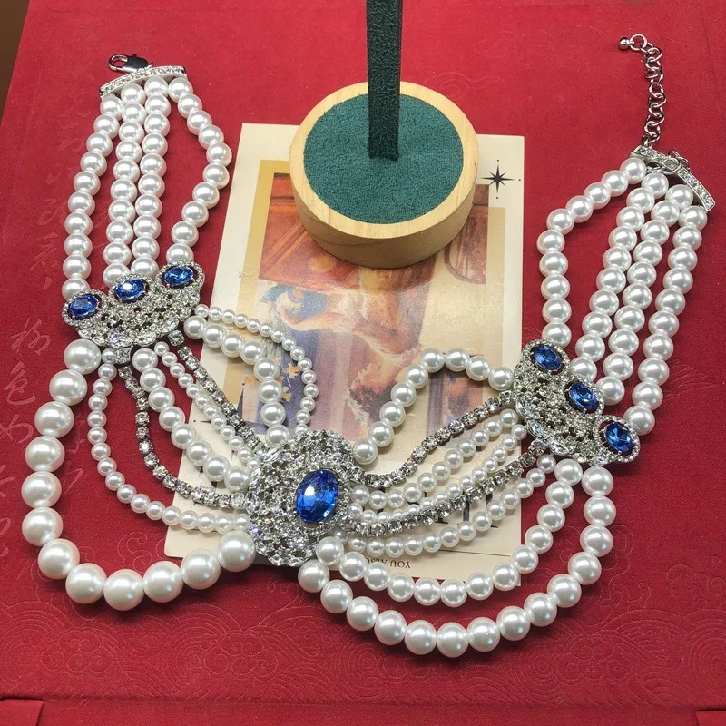 

Neck Chain Pearl Temperament Design Sense Multi-layer Bracelet Diamond Versatile Fashion Gem Chain Necklace Earrings Jewelry Set