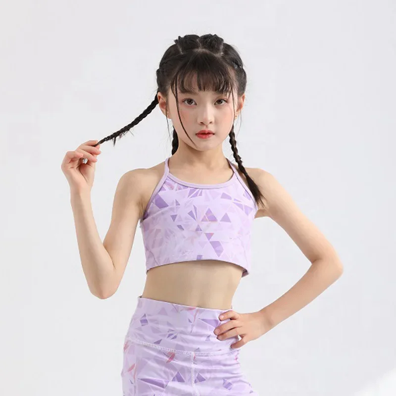 Bra Olahraga Dua Lapis Anak Perempuan Tank Top Yoga Anti Selip Pakaian Tari & Lari Punggung Terbuka Lucu untuk Pakaian Gym Musim Panas Atasan Kebugaran