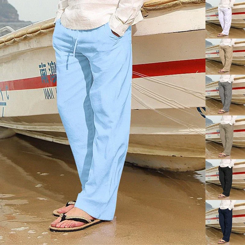 

New Men's Drawstring Solid Color Straight Leg Pants For Spring And Autumn Hip-Hop Casual Simple Long Leg Pants Male Beach Pants