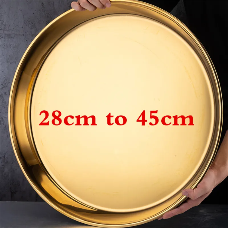 Gold golden stainless steel big round tray plate thick Serving Tray Plater steak Dish Dinner Serving Tray BBQ Grill Meat Dishes