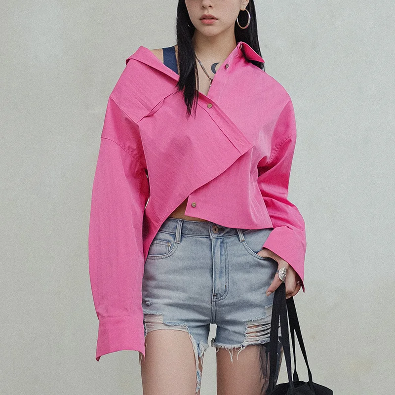 

Женские розовые блузки Maden с длинным рукавом, короткие, с отложным воротником, свободного кроя, повседневные, базовые, для весны и осени, на каждый день