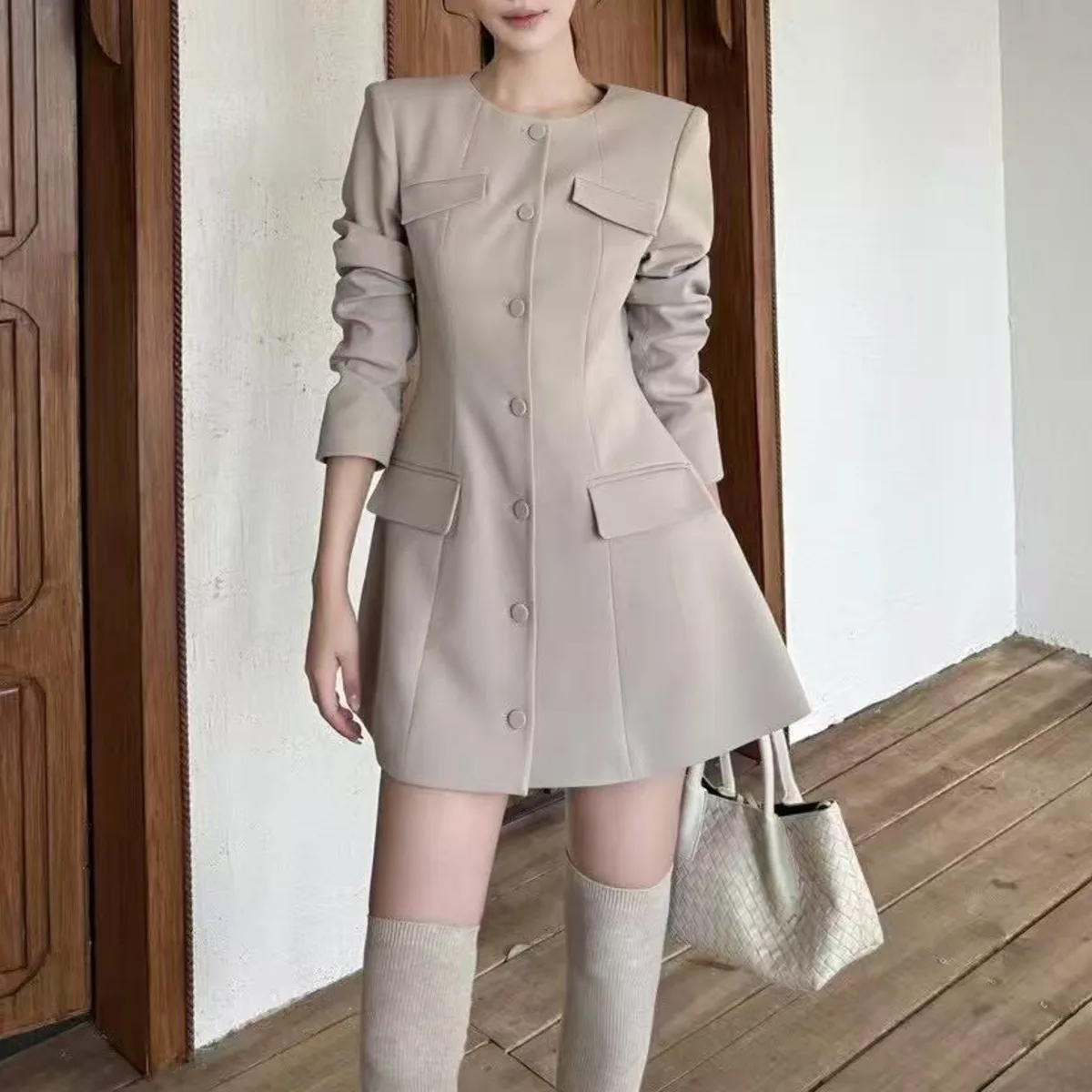 BJTZ O-hals Effen Kleur Single Breasted Blazer Jurken Voor Vrouw 2025, Lente Herfst Nieuwe A-lijn Taille Kantoor Dame Vrouwelijke Jas