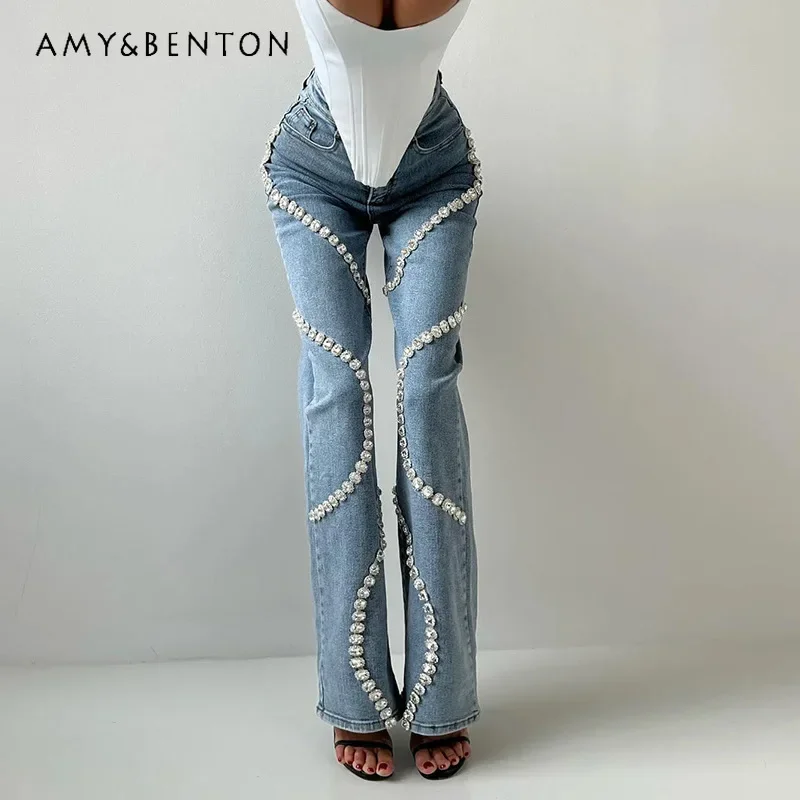 Fashion Personalized Jeans Women Spring Autumn New American Hot Girl High End Rhinestone Splicing High Waist Baggy Jeans Women