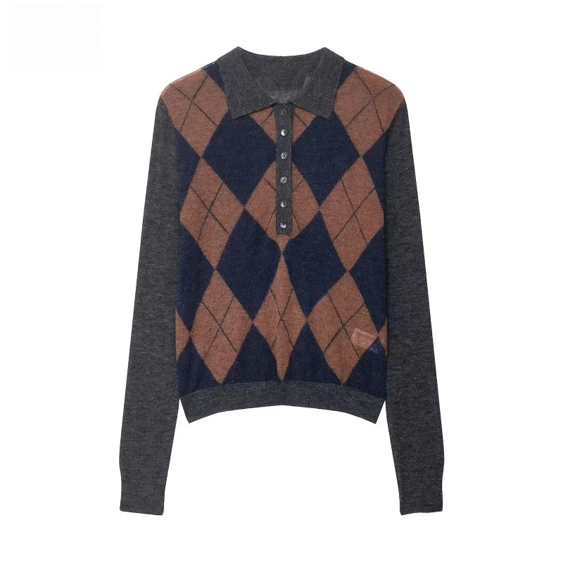 

New Women Diamond Check Knit Sweater Long Sleeve Polo Neck Thin Fashion Casual Chic Tops Stitching Detail