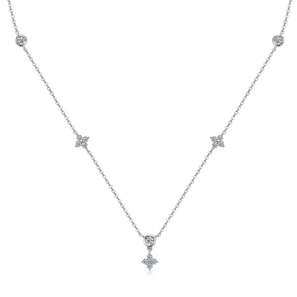 925 Sterling Silver Clover Shape Moissanite Station Pendant Necklace D VVS1 Minimalist Fine Jewelry For Women