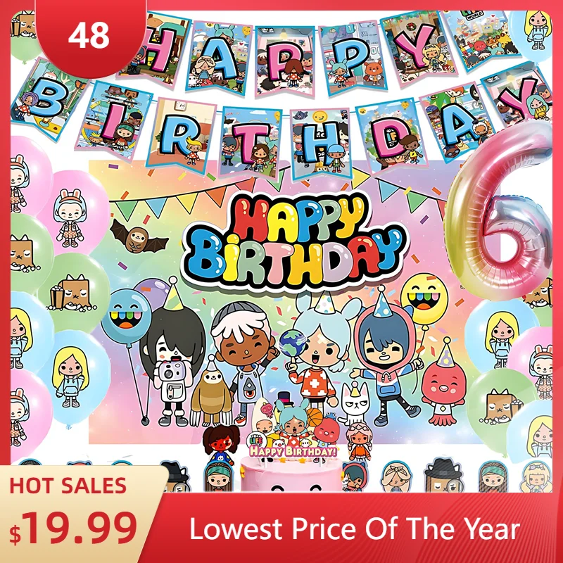 

Toca Life World Theme Birthday Party Balloon Banner Backgrounds Decoration Cake Topper Cartoon Game Girls Party Supplies Gifts