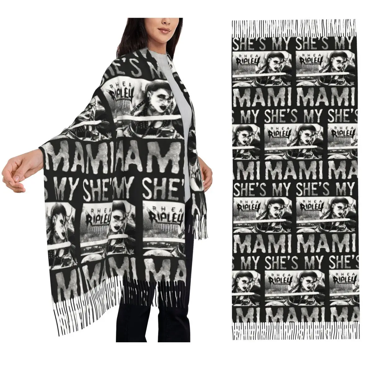 

She Is My Mami! Rhea Ripley Bootleg Wrestler Scarf Tassel Scarves for Women Shawls and Wraps Long Fall Winter Shawl Wrap
