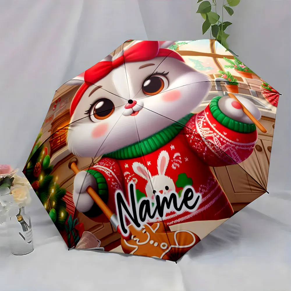 Custom Name  Festive Bunny-Themed Umbrella for Holiday Cheer Print 8 Iron Ribs Folding Umbrella Auto-Open Fashion Sunshade
