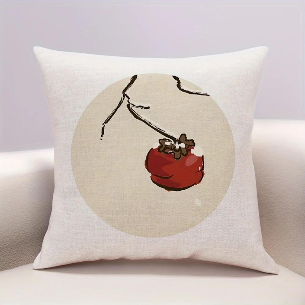 4pcs Chinese Zen Persimmon Throw Pillow Covers, Ink Painting Persimmon & Tea Set Print Cushion Cases, Serene Oriental Home Decor