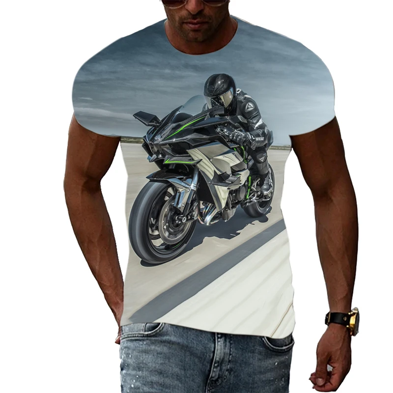 Summer New Motorcycle Graphic Men\'s T-shirt Trend Personality Harajuku Style 3D Printing Loose High-quality Short-sleeved Top