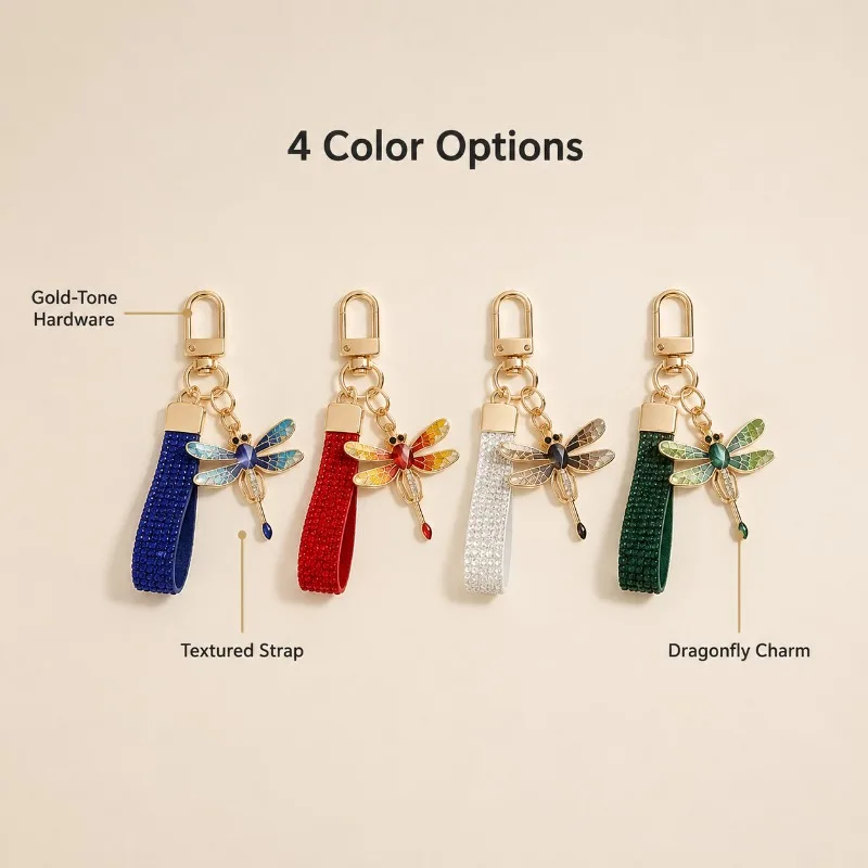 Rhinestone Dragonfly Keychain Colorful Beaded Wrist Lanyard Elegant Bag Charm Pendant for Women Daily Handbag Decoration Gift