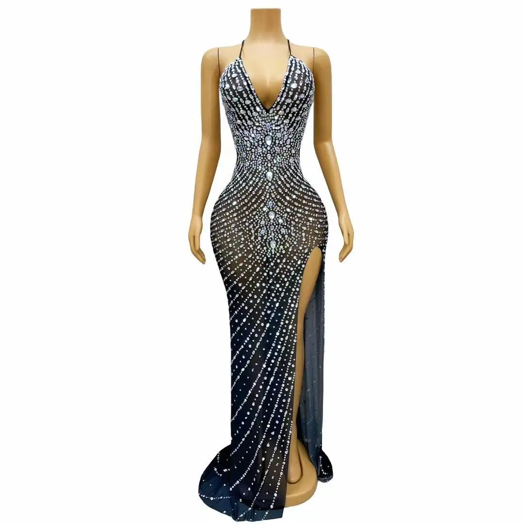 Women's Summer Prom Gowns Fashion Silver Rhinestones High Split Dress Birthday Sexy Backless Dance Outfit Dance Costume Yuehen