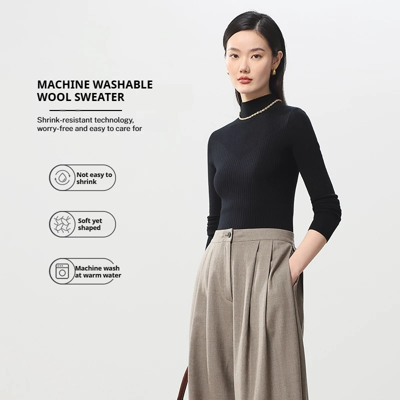 Sweter damski z wełny merino 100%, możliwość prania w pralce, golf, dzianinowy, idealny jako warstwa bazowa na jesień i zimę, swetry do noszenia pod ubrania.