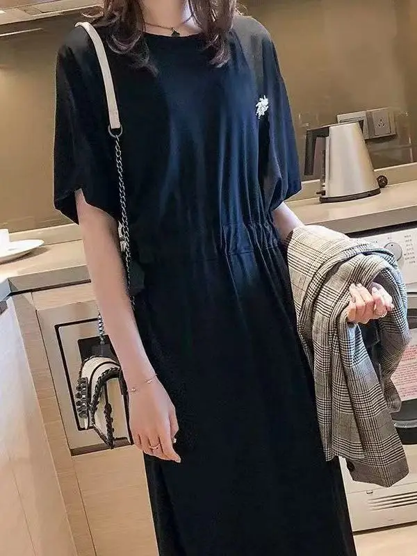 T-shirt ample Maxi Dr Street Sle Version coréenne femmes été minceur jupe longue ceinturée décontracté taille haute fibre de Polyester