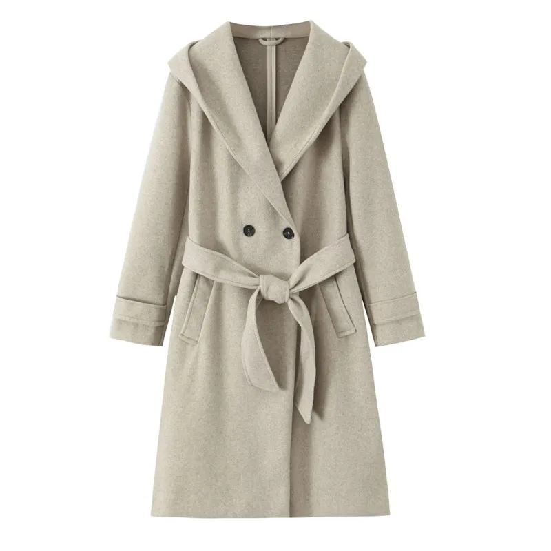 

Women Soft Hooded Coat with Belt Autumn Fashion Long Sleeve Double Breasted Button Pocket Women's Coats Female Chic Overcoat