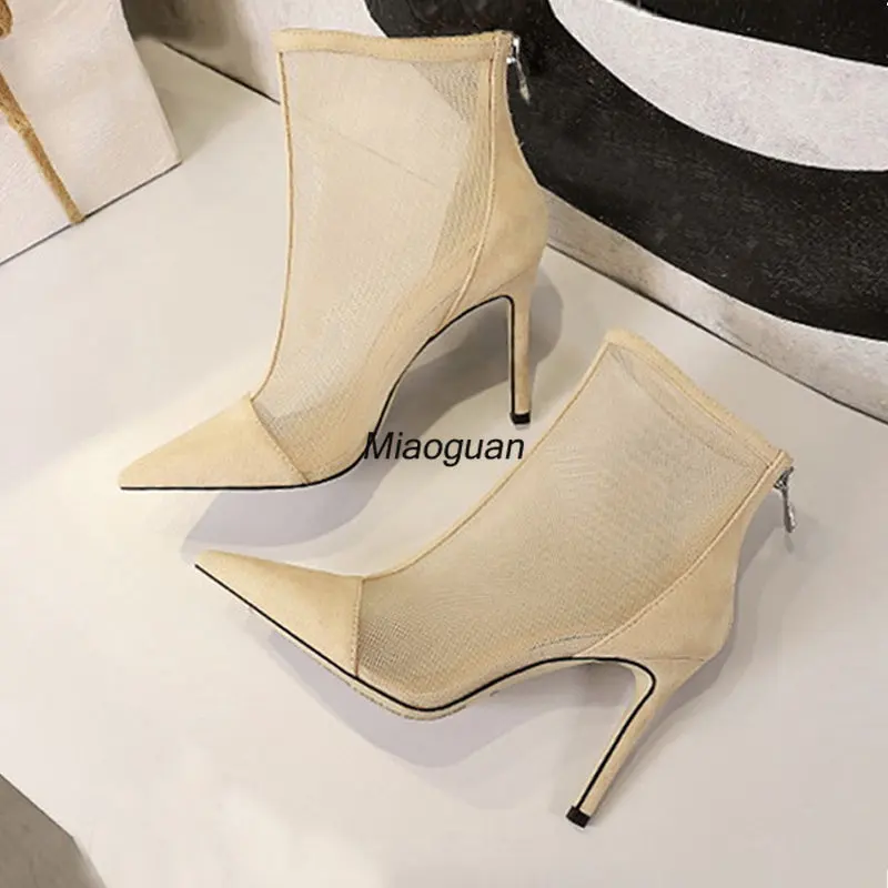 New Spring Autumn Sexy Mesh Women Ankle Boots Pointed Toe Fashion Zip Ladies Party Stiletto High Heels Stripper Shoes Size 34-40