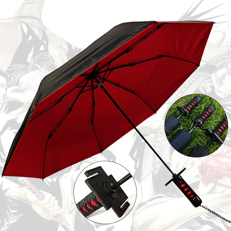 Anime Bleach Katana Umbrella Folding UV Blocking Black Parasol Kurosaki Ichigo Sword Real Size Japanese Katana Sabre Umbrella