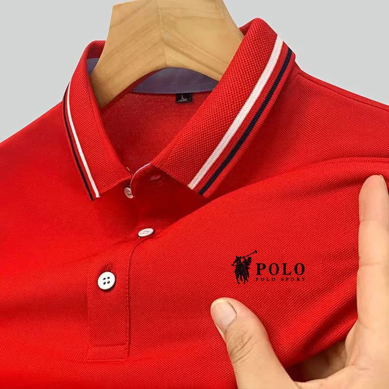 Men\'s fashionable solid color short sleeved polo shirt summer breathable and comfortable top lightweight business casual wear