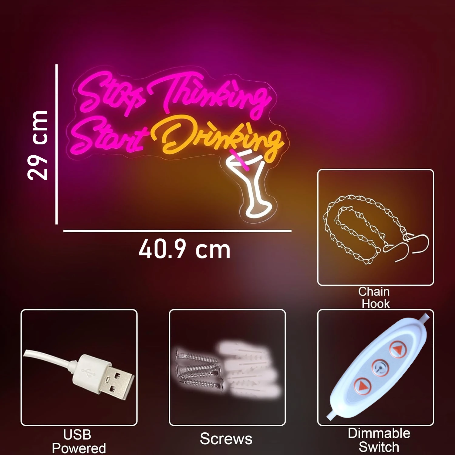 Stop Thinking Start Drinking! USB Powered LED Neon Beer Sign for Home Bar Wall Decor, Man Cave, Pub, Restaurant & Party