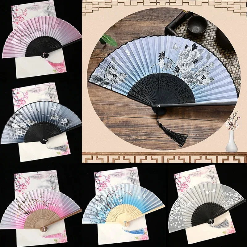 Vintage Style Silk Folding Fan Chinese Japanese Pattern Art Craft Gift Home Decoration Ornament Dance Hand Fan Clothes Accessory