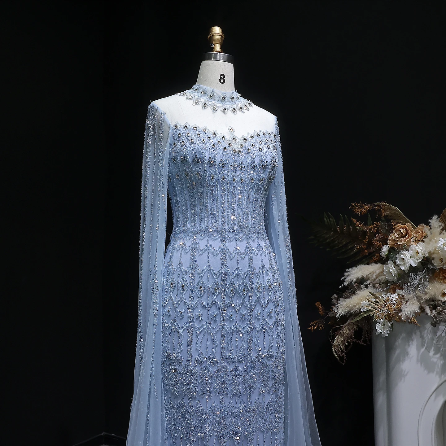 Sharon Said Luxuriöses Blaues Tüll-Abendkleid mit Cape-Ärmeln, Kristall-Pailletten, Damen-Hochzeitskleid, Partykleid, Ballkleid SS150, Maßanfertigung – Detail 6