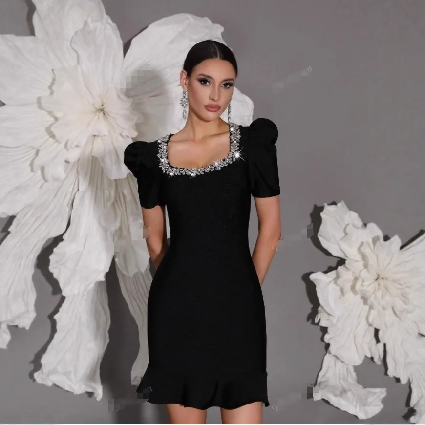 

Fashionable Diamond Embedded Square Collar Wrap Dress Skirt Tight Fit Gown Bandage Dress High End Feel Citywalk Summer Dress