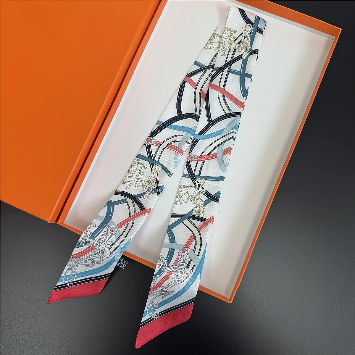 2026 Versatile Women's Twill Ribbon Tie Bag Handle Ribbon Headband Hot Selling Geometric Belt Chain Print Small Scarf Silk Scarf view 4
